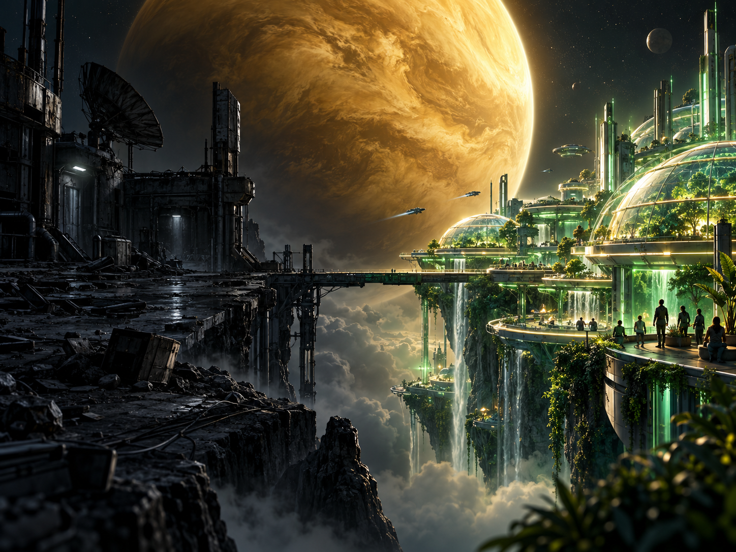 A dark abandoned orbital outpost transforming into a bright community-powered settlement beneath Venus