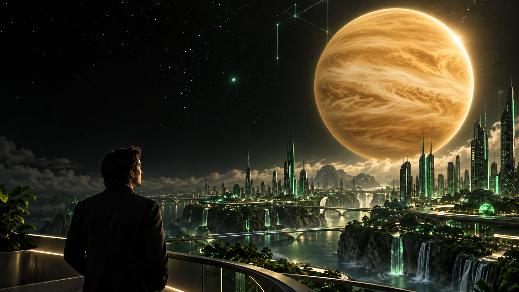 A radiant ringless Venus above an emerald futuristic city, observed by a lone figure