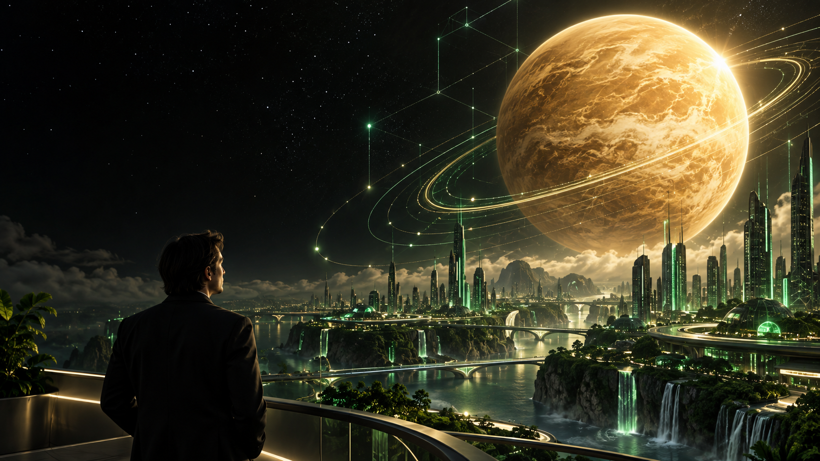 A radiant Venus above an emerald futuristic city, observed by a lone figure